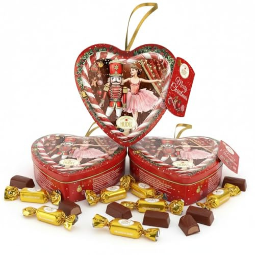 Confiserie Heidel 3er Schmuckherz Weihnachstmärchen – 15 Edel-Vollmilch Pralinen einzeln verpackt - Weihnachtliche Schokolade als kleine Weihnachtsgeschenke - Deko mit Aufhängeschlaufe