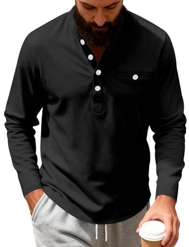 Mens Henley Shirts Long Sleeve Tops with Pocket - Fall Cotton Casual Basic T-Shirts Plain Loose Fit Pullover Tops Black