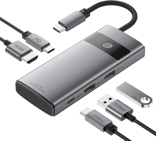 USB C Hub, Revodok 5-in-1 USB Hub for Laptops,4K HDMI to USB-C Adapter,100W PD,3 USB-A Data Ports,Aluminum Compact Multiport Adapter for MacBook Air/Pro,HP, Dell,iPad,Galaxy Dex