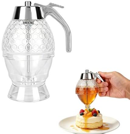 Goktvai 8oz Honey Dispenser No Drip, Plastic PS Honey Dispenser with Stand Press Design Clear Syrup Pot for Coffee Bar Breakfast Table & Picnic