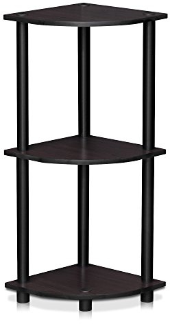 Furinno TURN-N-TUBE Corner Shelf, 3-Tier Corner Bookshelf, Display Storage Shelves with Open Shelves, for Organization and Storage, Living Room, Home Office, Garage, Dark Walnut