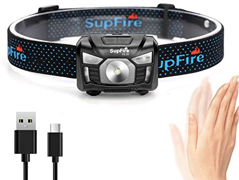 Supfire Linterna Frontal LED 500 Lúmenes LED CREE Lámpara de Cabeza con Luz Roja y Interruptor de Temperatura Inducción,Recargable con Cable USB Directamente,5 Modos para Camping Ciclismo,Modelo HL06