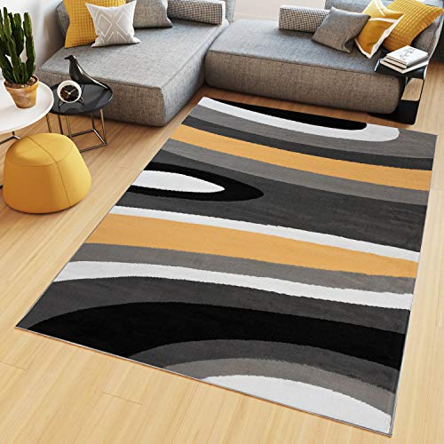 TAPISO Maya Teppich Kurzflor Grau Schwarz Weiß Gelb Streifen 300 x 400 cm | Modern Gestreift Design Wohnzimmer Schlafzimmer Büro oeko-tex