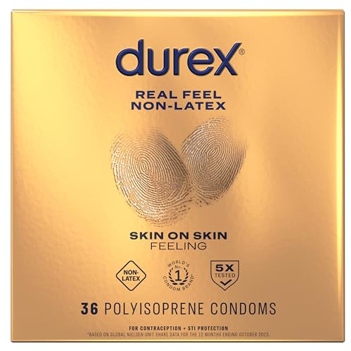 Durex Real Feel Non Latex Condoms, Lubricated Latex Free Condoms for Men, Natural Skin on Skin Feeling, 36 count