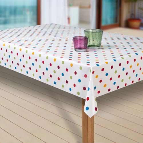 laro Wachstuch-Tischdecke Abwaschbar Garten-Tischdecke Wachstischdecke PVC Plastik-Tischdecken Eckig Meterware Wasserabweisend Abwischbar G03, Muster:Punkte Weiss-bunt, Größe:100x120 cm