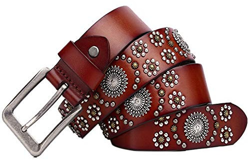 Unisex Gürtel für Damen und Herren Echtes Ledergürtel Niete in kreisförmiger Anordnung Nietengürtel im Vintage-Look mit Silberfarbener Dornschließe,Rot,105CM