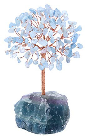 Jovivi Árbol de Cristal de Aguamarina Natural, Cristales curativos crudos, Base de fluorita, bonsái, árbol de Dinero para decoración de Mesa en casa, Oficina, Riqueza y Suerte