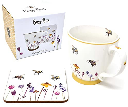 The Leonardo Collection Breakfast Mug & Coaster Set Busy Bees Floral Design by Jennifer Rose Gallery Tea Coffee Cup Gift, White