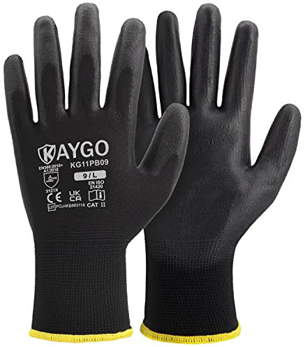 KAYGO 12 Paar Arbeitshandschuhe für Herren Damen, PU beschichtet Schutzhandschuhe, antirutsch Griff an Handflächen und Fingern, Geeignet für DIY allgemeine Arbeit Gartenarbeit (Schwarz, L, Gr 9)