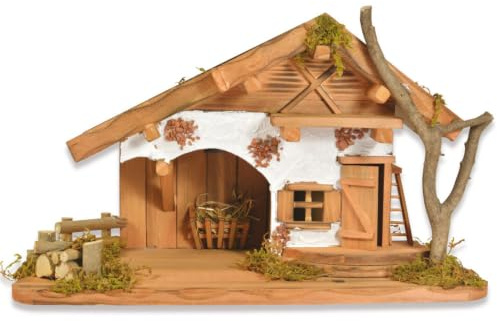 Riffelmacher Weihnachtskrippe „Buchsalm“ mit LED Laterne 40 x 24 x 19 cm | Holz Krippenstall für Figuren 8–10 cm | Weihnachtsstall Krippe Weihnachten | 78089