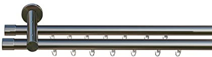tilldekor Innenlauf Gardinenstange nach Maß, Andrax 2-läufig Edelstahl-Optik, 16mm Durchmesser, auf Maß gefertigt, 140 cm, inkl. Trägern und Endstücken