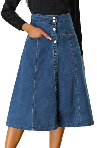 Allegra K Jupes en jean étirables à taille haute avec boutons à l'avant, coupe A, fluides, en denim, mi-longues avec poches pour femmes, bleu, M