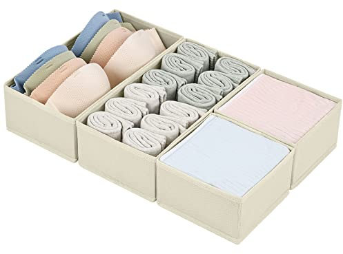 DIMJ 4 Stück Schubladen Ordnungssystem Schubladen Organizer, Faltbare Aufbewahrungsbox Stoff, Schubladeneinsätze für Kleiderschränke, Kleiderschrank Organizer für Kleidung, Beige