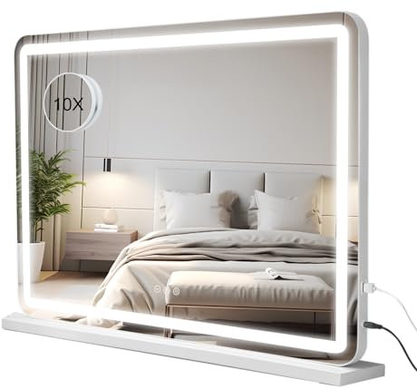 Buildonely Hollywood Schminkspiegel mit Beleuchtung, 80x55cm Schminkspiegel mit LED Licht Dimmbare 3 Lichtmodi, Touch Control, Groß Spiegel mit 10X Vergrößerung, Tischplatte oder Wandhalterung