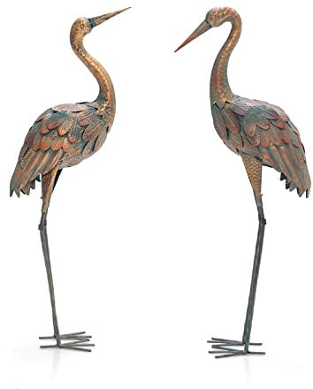 GOPLUS Lot de 2 Statues 85-86 CM de Grue de Jardin en Métal, Décoration Extérieure Sculpture d’Oiseau Bronze en Métal de Jardin pour Enjoliver la Pelouse, l’Étang, la Terrasse