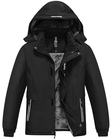 MoFiz Chaquetas de Esquí para Niño Invierno Forro Cálido Abrigo Impermeable de Nieve Montaña Antiviento con Capucha Desmontable Negro M(10-12años)