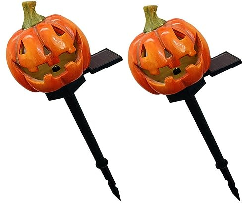 Happyyami 2pcs Solar Pumpkin Shaped Stake Lights for Halloween Outdoor Garden Decor Energy-Saving Lawn Decorations Decorative Lanterns for Pathway and Flowerbed Lighting