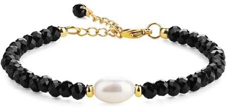 COAI Pulsera para Mujer con Cristales de Ónice Negro y Perla de Agua Dulce