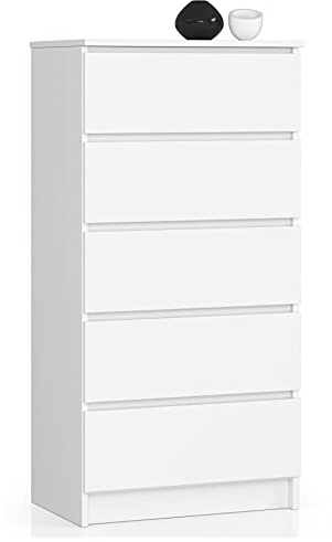 AKORD Commode K60 avec 5 tiroirs | Commode Classique pour La Chambre, Salon | Meuble de Rangement | L60 x H121 x P40 cm | Poids 39 kg | Blanche