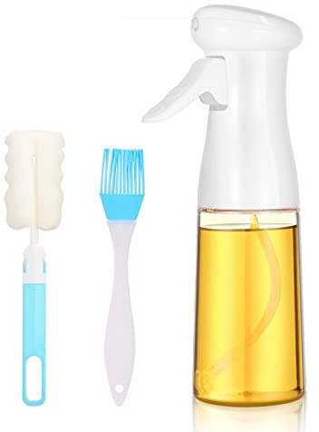 E-Bestar Oil Spray Bottle 200ml, Refillable Transparent Olive Oil Sprayer Dispenser with Silicone Brush, Vinegar Mister Gadgets for Kitchen Cooking Air Fryer BBQ Grilling Baking Salad, White