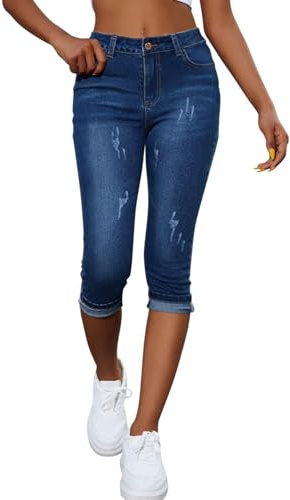 ticticlily Pantalon Jeans Femme Skinny Stretch Push Up Déchirer Pantalons Capri Denim Décontractés Pants Pantacourt Été A Blu Scuro XS