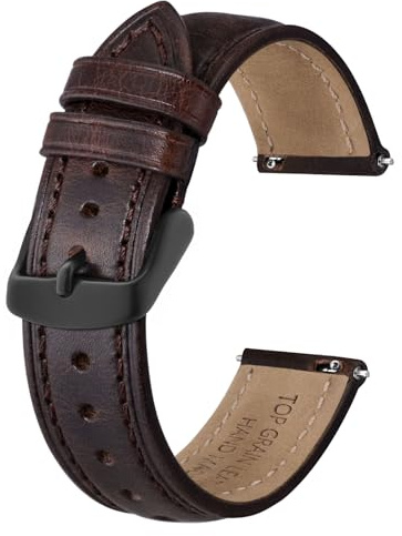 BISONSTRAP Cinturini per Orologi da Uomo in Pelle Retrò, Cinturino di Ricambio in Pelle di Vitello Cerata a Olio, Sgancio Rapido, 22mm, Marrone Caffè (Fibbia Nera)