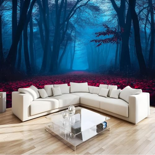 Papier Peint intissé 300 x 210 cm Mural Décor Style D'Horreur Forêt Sombre Panoramique Papier Peint Décor Bleu Foncé Papier Peint Photo pour Salon Chambre Enfant Chambre mur Décoration