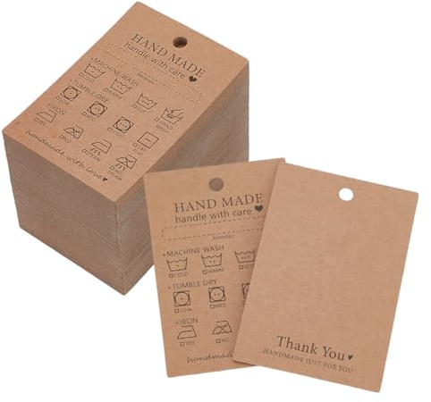 FINGERINSPIRE 120 Pcs Handmade Fabric Washing Instructions Hang Tag 3x2inch Sandy Brown Kraft Paper Washing Price Tags Material Care Card Minimalist Washing Label for Shirt Beanies Knitted Quilts