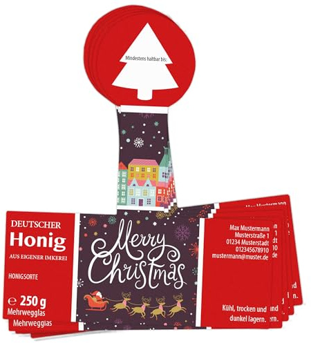 Apoidea – Honig Etiketten 250g mit Weihnachtsmotiv & Gewährverschluss selbstklebend, personalisierbar - 50 Stück/Etiketten Honiggläser/Honig Aufkleber für selbstgemachten Honig/Honigetiketten