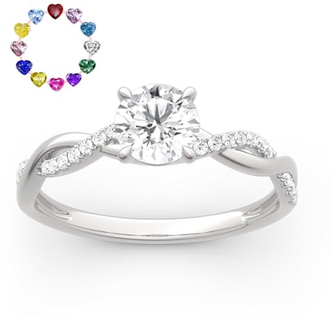 Jeulia Rundschnitt Personalisierte Geburtsstein Promise Verlobungsring Twist 925 Sterling Silber Damenring Moissanit Diamant Ring mit Schmuckschatulle für Weihnachten, Valentinstag