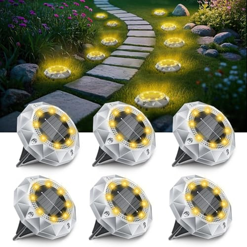 6 Pezzi Luci Solari da Giardino, 8 LED Faretti Sepolta Solari a Led da Esterno IP65 Impermeabile, Luci Solare Decorazione Lampade Solare da Terra per Cortile Prato Vialetto Paesaggio,Bianco Caldo