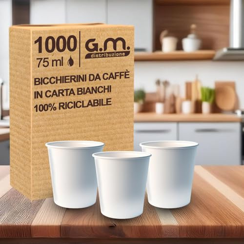 G.M. DISTRIBUZIONE Bicchieri da Caffè in Carta Bianchi, 75 ml, 1000 Pezzi, Biodegradabili e Compostabili, Usa e Getta, Ideale per Casa, Ufficio, Asporto Bevande Calde