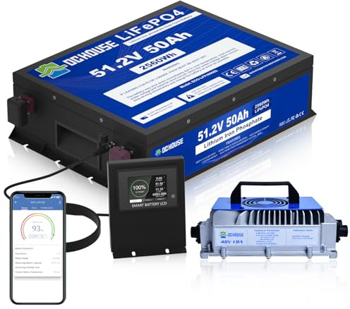 DCHOUSE Batería de Litio 48V 50Ah con Cargador 18A, Bluetooth Inteligente, Pantalla LCD Táctil, Protección Baja Temperatura, BMS 100A, 200A Pico, Larga Duración para Solar y Autocaravana