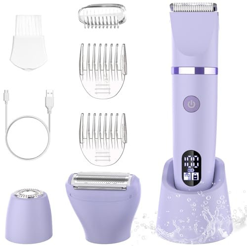 Rasoir Electrique Feminin Tondeuse précise pour visage et zones sensibles, Tondeuse à poils corporels pour visage, jambes, aisselles et zone pubienne,étanche,Sans fil, Écran LCD, Violet, 3 in 1