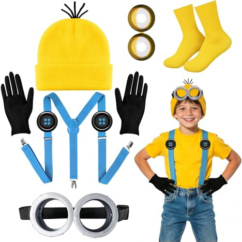 Humairc Jaune Costume Lunettes Kits Deguisement Halloween/Carnaval Costume Carnaval/Halloween/Cosplay Accessoires Cosplay pour Femme Homme - Lunettes Goggles Chapeau Gants Chaussettes Bretelles