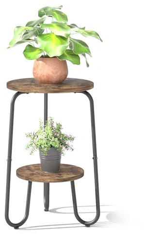 REFGY 2-stufiger Blumenständer Holz Indoor, Kleiner runder Pflanzenständer, 50cm hoher Blumentisch, Rustikaler Beistelltisch für Wohnzimmer, Balkon Terrasse Garten Pflanzenregal