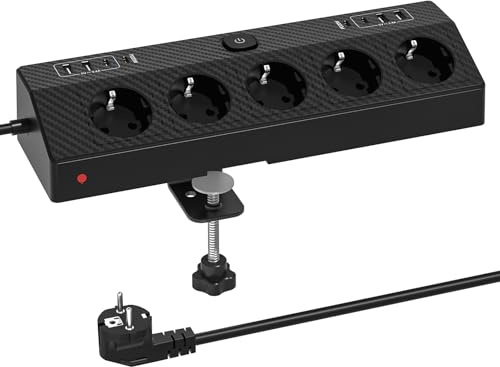 PASSUS Steckdosenleiste Klemmbar mit 5 Fach, 8 USB 2 USB-C 20W, 2M, Schwarz | 4000W Mehrfachsteckdose Steckdose Steckerleiste Überspannungsschutz, Tischsteckdose Schreibtisch mit Schalter für Zuhause