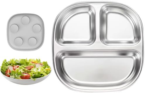 Bexdug Assiettes Compartimentées pour | Assiettes Anti-Glisse pour Tout-Petits avec Séparateurs,Assiettes Réutilisables en Acier Inoxydable avec Ventouse, Bol Antidérapant et Lavable au Lave-vaisselle