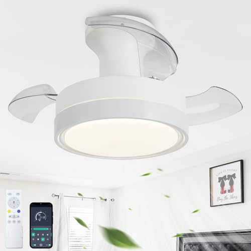 QINGYING Moderno Retráctil Lámpara Ventilador Techo Reversible 6 Velocidades Con Mando A Distancia APP Silencioso LED Regulable Para Dormitorio Salón, Blanco