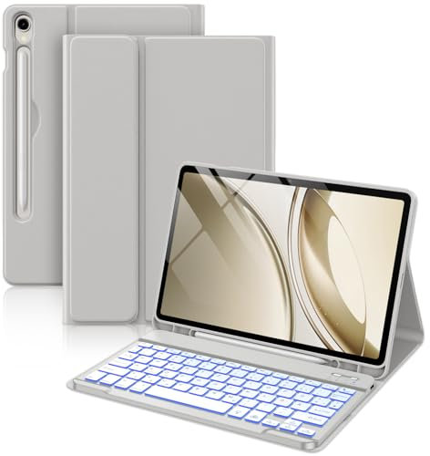 Vobafe Tastatur Hülle für Samsung Galaxy Tab S10 Lite/S10 FE/S9 FE 10.9 Zoll/Tab S9 11 Zoll, 7-Farben Beleuchtung Keyboard Cover mit Stifthalter & Schnellladung, QWERTZ-Layout, Hellgrau