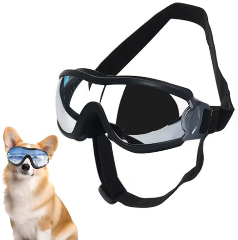 XFSRG Occhiali da sole per cani,protezione UV, lenti trasparenti, fascia regolabile, comfort e sicurezza, perfetti per attività outdoor e look alla moda del tuo pet(Argento, M)