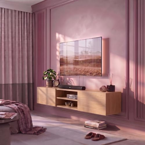 Smart Home Art Hangendes TV-Lowboard 180 cm – Wandmontage mit 2 Klappen & offenen Faechern, TV-Schrank in Eiche-Natur Optik, Fuer Fernseher bis 75 Zoll