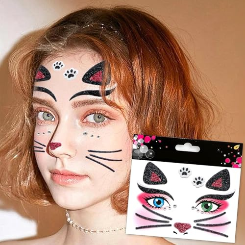 Temporäre Tattoos Halloween, Gesichtstattoo Katze, Face Art Sticker, Glitzer Gesicht Aufkleber Halloween, Ablösbare Glitzer Gesicht Aufkleber für Make-up Karneval Halloweens (F)