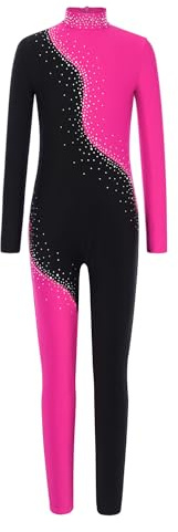 CHICTRY Ganzkörper Turnanzug Mädchen Langarm Kinder Strass Glitzer Ballettanzug Stehkragen Tanzbody Farbblock Patchwork Tanzoverall Jumpsuit Eislaufkostüm