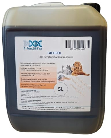 5L 100% natürliches Lachsöl für Hunde, Katzen und Pferde – reich an Omega-3-6-9 und Vitaminen (5L)