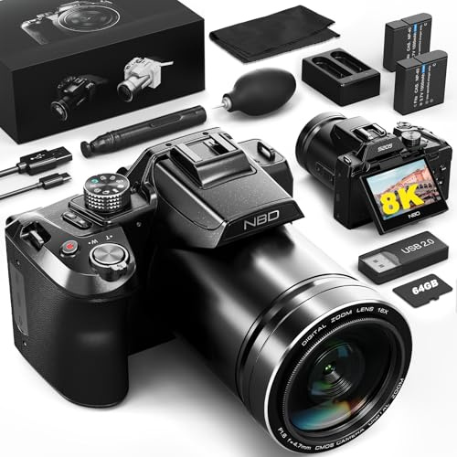 8K Digitalkamera 64MP mit 2.8 Flip-Screen, 16X Zoom, WLAN & Autofokus, Vlogging Kamera für YouTube, Webcam, inkl. 64GB Karte & 2 Akkus (Schwarz)