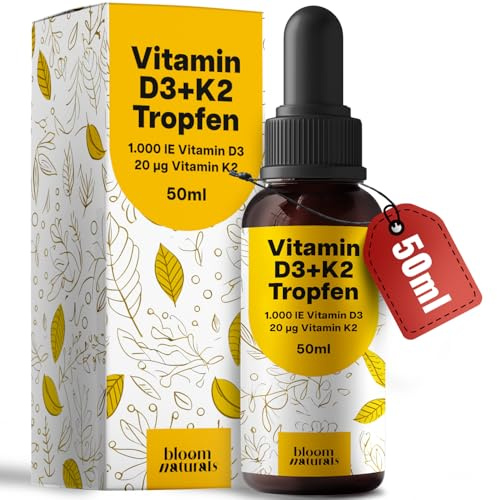 Vitamina D3 K2 Gocce - 1.000 IE D3 + 20 µg K2 per Goccia - 50 ml - Vitamina D Gocce Prodotta in Germania - Testato in Laboratorio