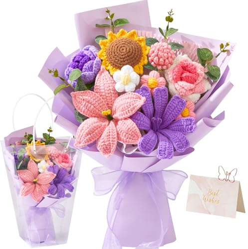 Cilimnas Crochet Flower Bouquet,Pink&Purple Knitted Flowers, Handmade Lily Sunflowers Roses Bouquet for Birthday Anniversary Party Mother's Day Graduation Gifts