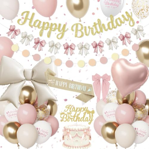 Födelsedagsdekoration för flickor och kvinnor, rosa och guld, födelsedagsdekorationer med band, Happy Birthday krans, rosa guld vit dekorativ ballong, aluminiumballongband, banderoll