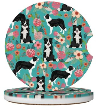 Set di sottobicchieri in ceramica con stampa floreale Border Collie da 6,5 cm, adatti per portabicchieri